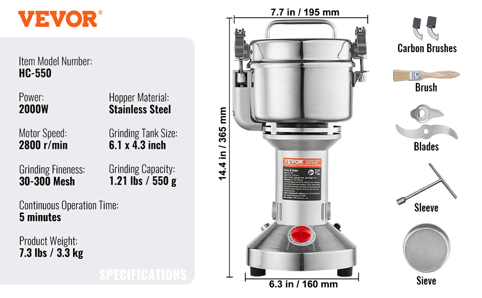 SucceBuy 150-2500g Electric Grain Mill Grinder – Commercial Spice & Herb Grinder for Coffee, Corn & Cereals