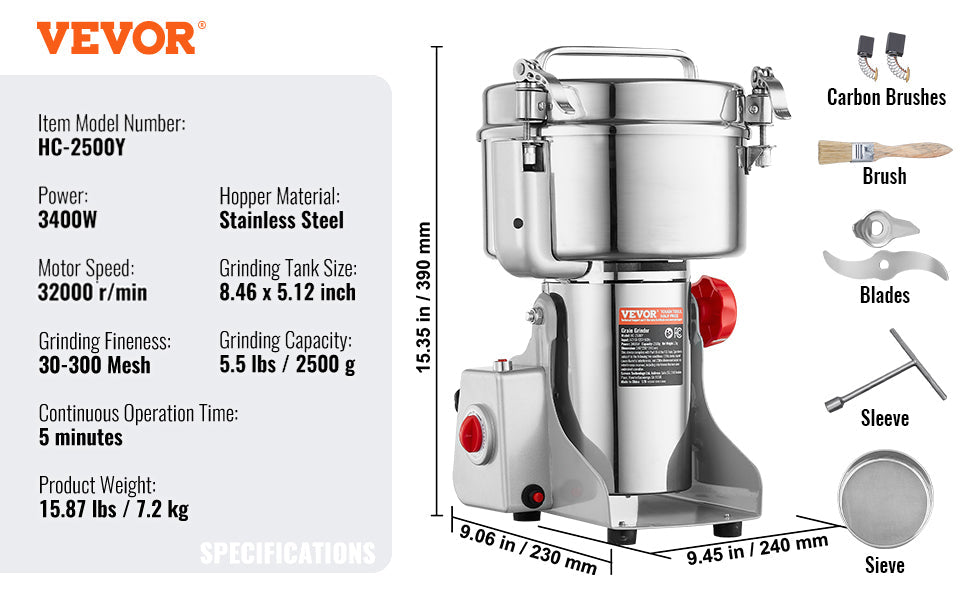 SucceBuy 150-2500g Electric Grain Mill Grinder – Commercial Spice & Herb Grinder for Coffee, Corn & Cereals