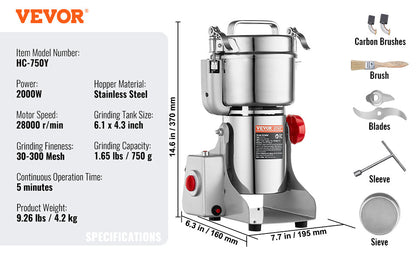 SucceBuy 150-2500g Electric Grain Mill Grinder – Commercial Spice & Herb Grinder for Coffee, Corn & Cereals
