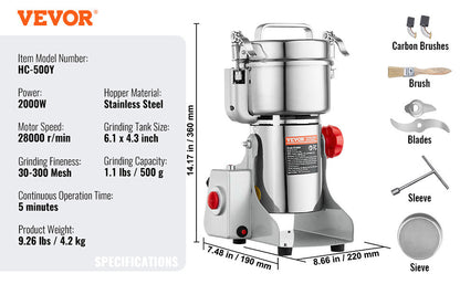 SucceBuy 150-2500g Electric Grain Mill Grinder – Commercial Spice & Herb Grinder for Coffee, Corn & Cereals