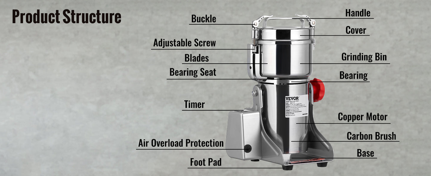 SucceBuy 150-2500g Electric Grain Mill Grinder – Commercial Spice & Herb Grinder for Coffee, Corn & Cereals