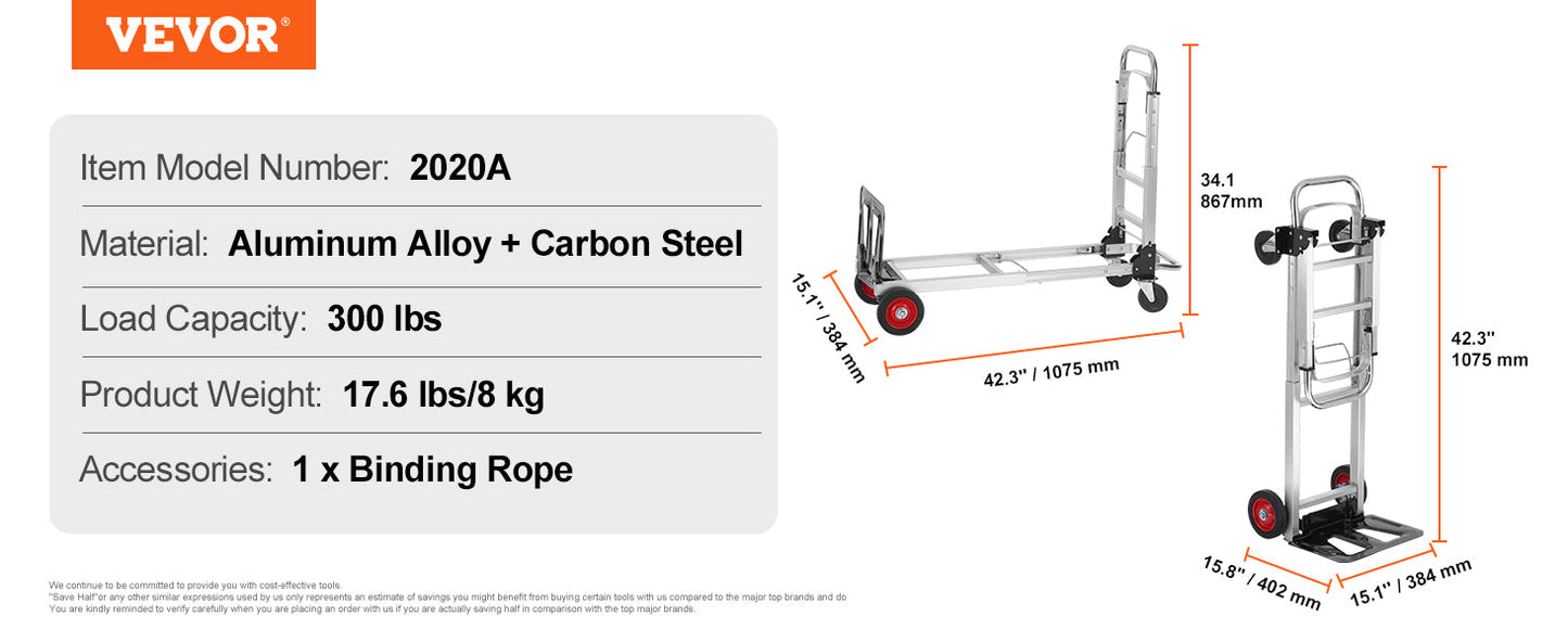 VEVOR Lightweight Folding Hand Truck 400 lbs Capacity Dolly with Wheels for Moving & Warehouse Use   1/2