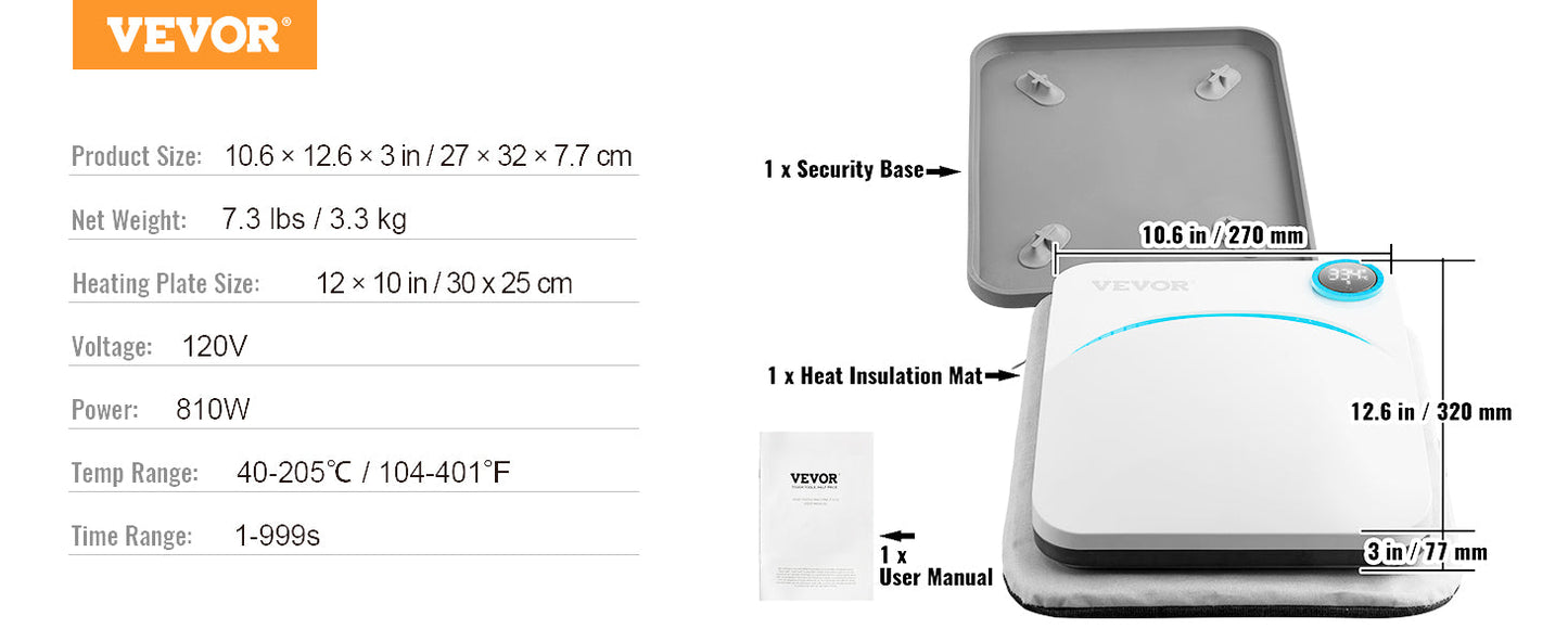 VEVOR Portable Heat Press Machine - 9x9/12x10 Inch, DIY Shirt Printing, Multifunctional Sublimation Transfer for HTV Vinyl, T-Shirt & Bag