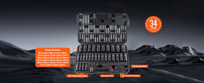 VEVOR 1/2" Drive Impact Socket Set – 6-Point Cr-V Alloy Steel for Auto Repair with Easy-to-Read Size Markings & Rugged Construction