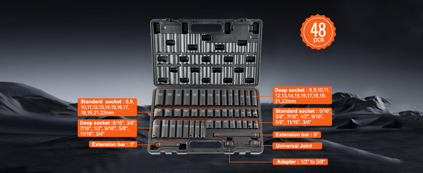 VEVOR 1/2" Drive Impact Socket Set – 6-Point Cr-V Alloy Steel for Auto Repair with Easy-to-Read Size Markings & Rugged Construction