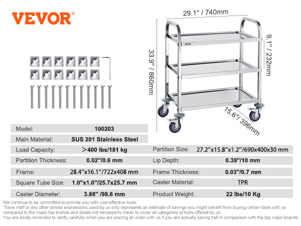 VEVOR Stainless Steel Lab Utility Cart – 1/2/3 Tier Medical & Kitchen Cart with Lockable Wheels