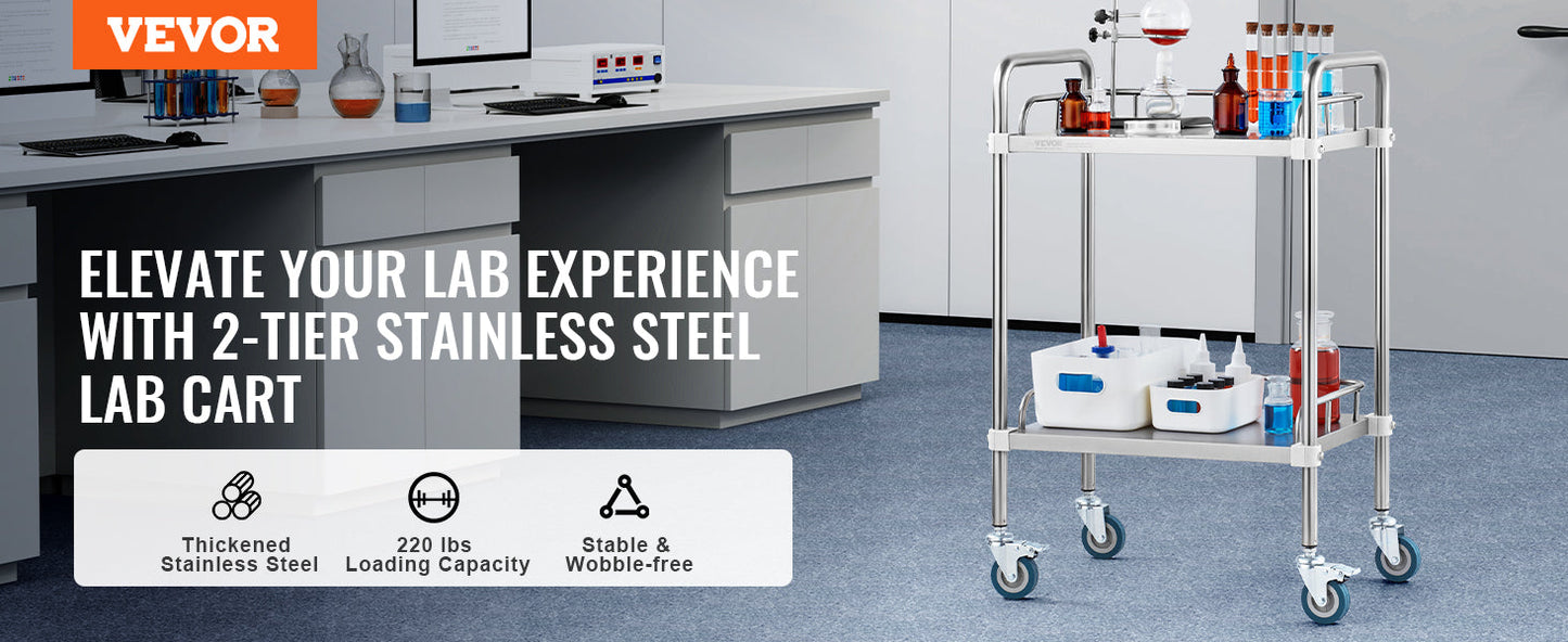 VEVOR 2-Shelf Stainless Steel Rolling Lab Cart – Utility & Serving Cart for Clinic, Laboratory, Hospital & Salon