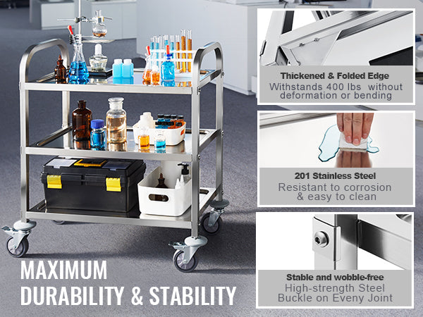 VEVOR Stainless Steel Lab Utility Cart – 1/2/3 Tier Medical & Kitchen Cart with Lockable Wheels
