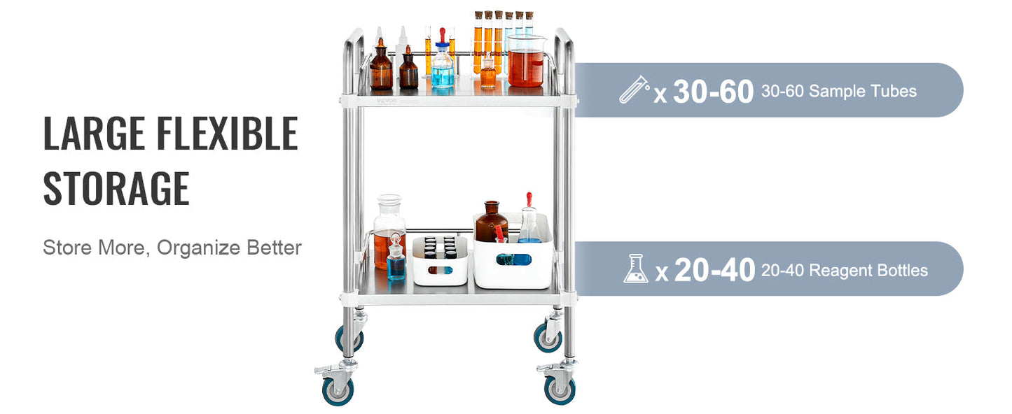 VEVOR 2-Shelf Stainless Steel Rolling Lab Cart – Utility & Serving Cart for Clinic, Laboratory, Hospital & Salon