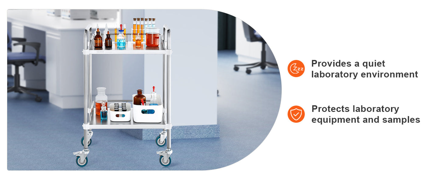 VEVOR 2-Shelf Stainless Steel Rolling Lab Cart – Utility & Serving Cart for Clinic, Laboratory, Hospital & Salon
