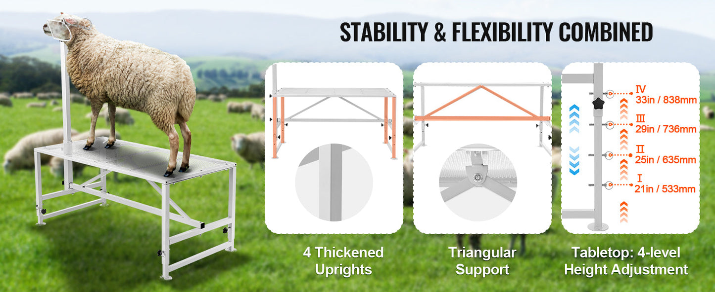 VEVOR Adjustable Goat & Sheep Milking Stand — 51x23 in Metal Livestock Shearing & Milking Platform, 21"-33" Height, White
