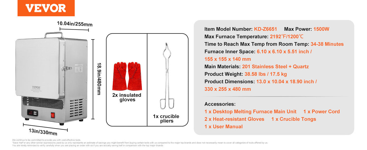 VEVOR 1500W Electric Melting Furnace – Max Temp 2192℉ Stainless Steel for Metal Clay, DIY Metal Tempering & Pottery Glazing