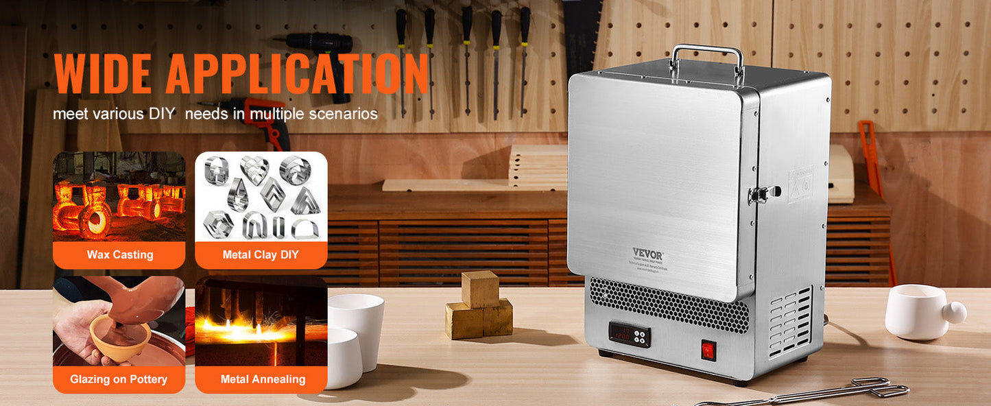 VEVOR 1500W Electric Melting Furnace – Max Temp 2192℉ Stainless Steel for Metal Clay, DIY Metal Tempering & Pottery Glazing