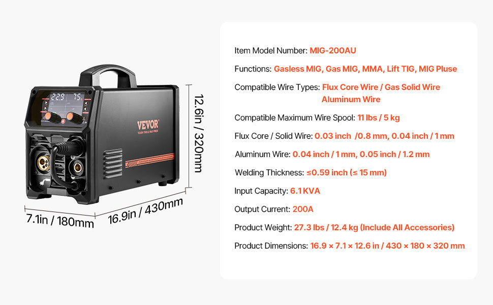 VEVOR 5-in-1 200A MIG Welder – Gas/Flux Core MIG, Stick, Lift TIG, AU TIG with LCD Display