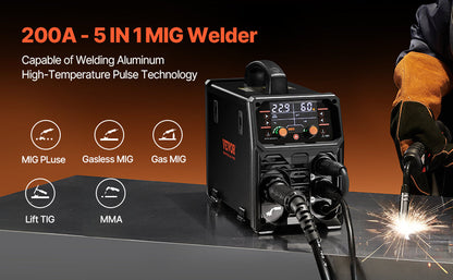 VEVOR 5-in-1 200A MIG Welder – Gas/Flux Core MIG, Stick, Lift TIG, AU TIG with LCD Display
