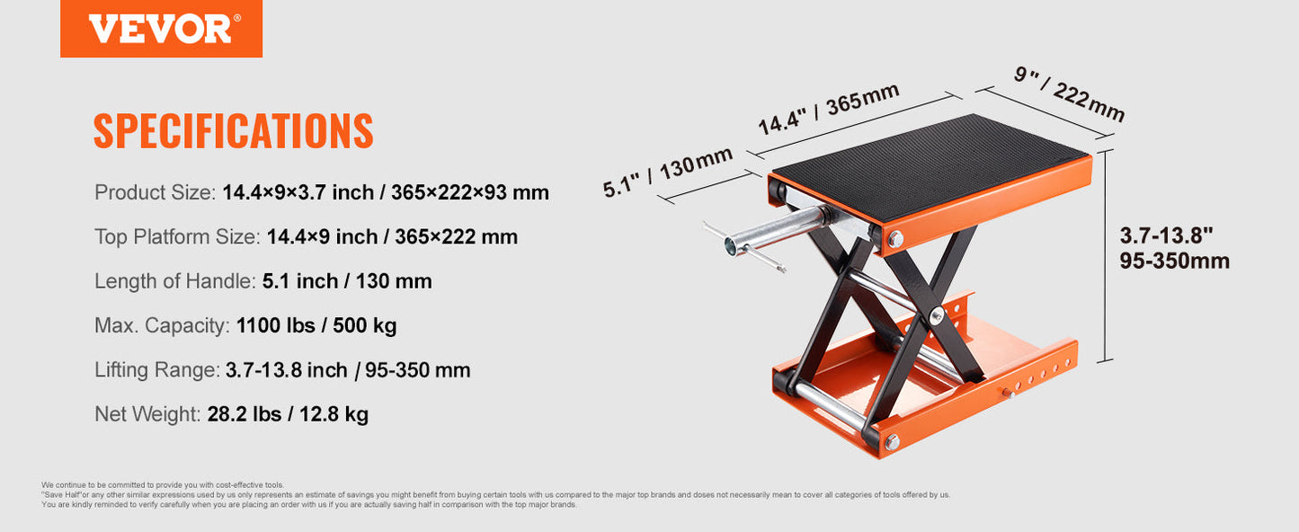 VEVOR Motorcycle Lift – Scissor Jack with 350/1100/1500 LBS Capacity, Wide Deck & Safety Pin for Bikes & Motorcycles