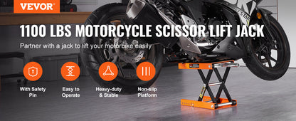 VEVOR Motorcycle Lift – Scissor Jack with 350/1100/1500 LBS Capacity, Wide Deck & Safety Pin for Bikes & Motorcycles