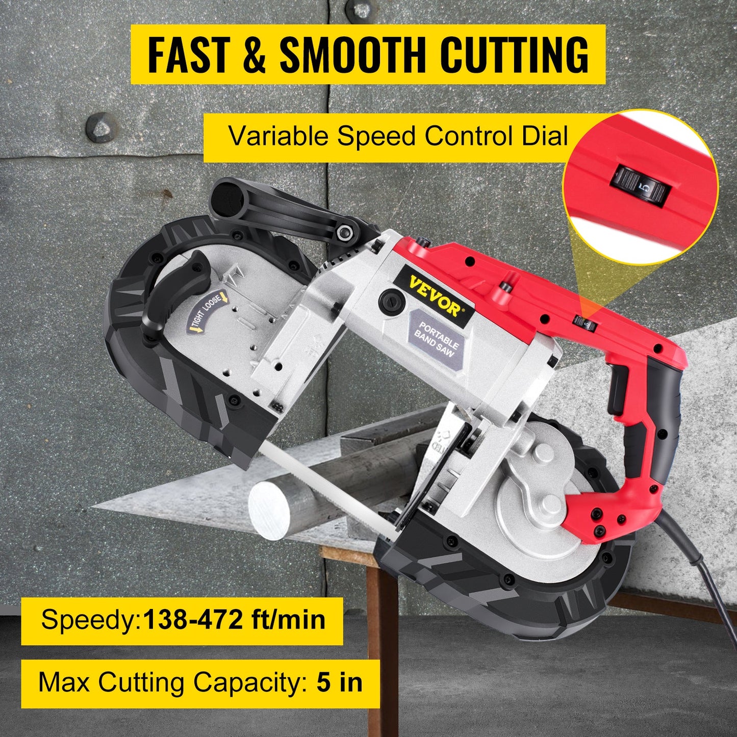 VEVOR Cordless Portable Bandsaw – 5-Inch Cutting Capacity, 10Amp Variable Speed Motor for Metal, Wood, Pipes & Rebar