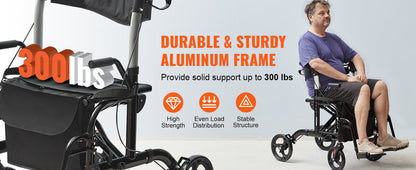 VEVOR 2-in-1 Rollator Walker & Transport Chair – Folding Aluminum Mobility Walker and Wheelchair Combo for Seniors