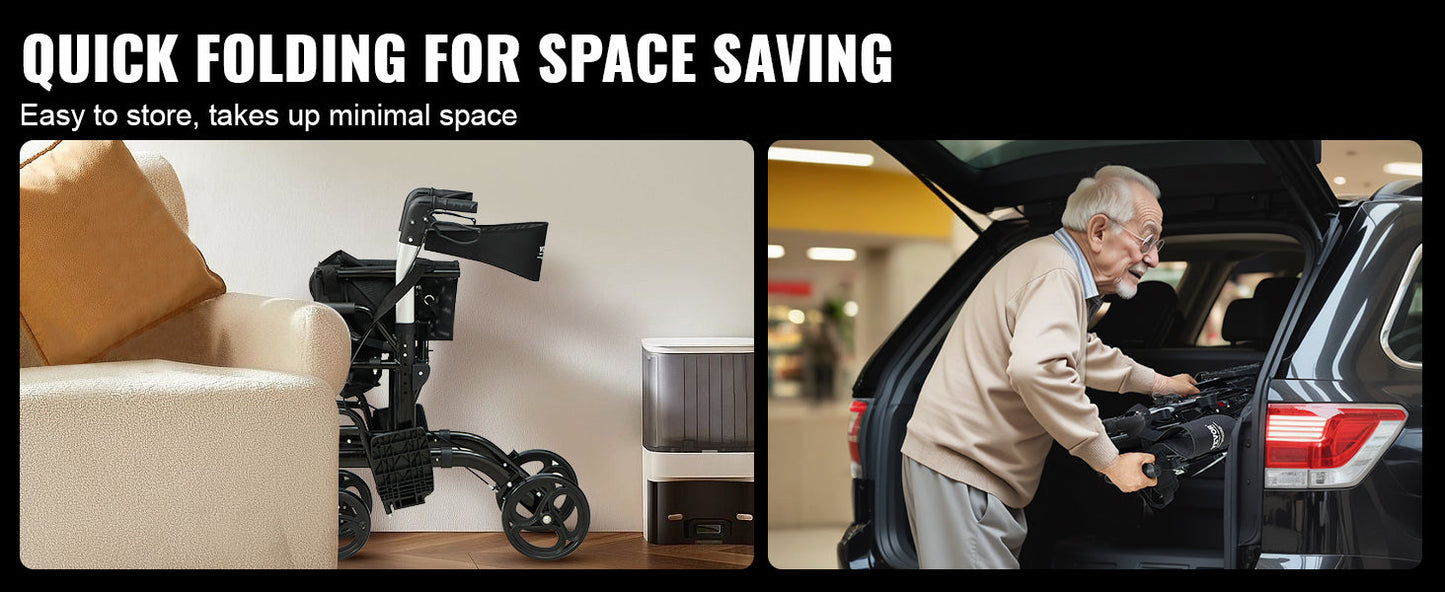 VEVOR 2-in-1 Rollator Walker & Transport Chair – Folding Aluminum Mobility Walker and Wheelchair Combo for Seniors