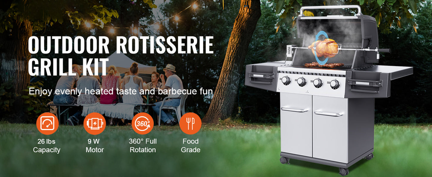 SucceBuy Universal Grill Rotisserie Kit — Stainless Steel Electric BBQ Grill with 9W Motor, Automatic Grilling Set