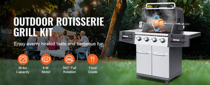 SucceBuy Universal Grill Rotisserie Kit — Stainless Steel Electric BBQ Grill with 9W Motor, Automatic Grilling Set