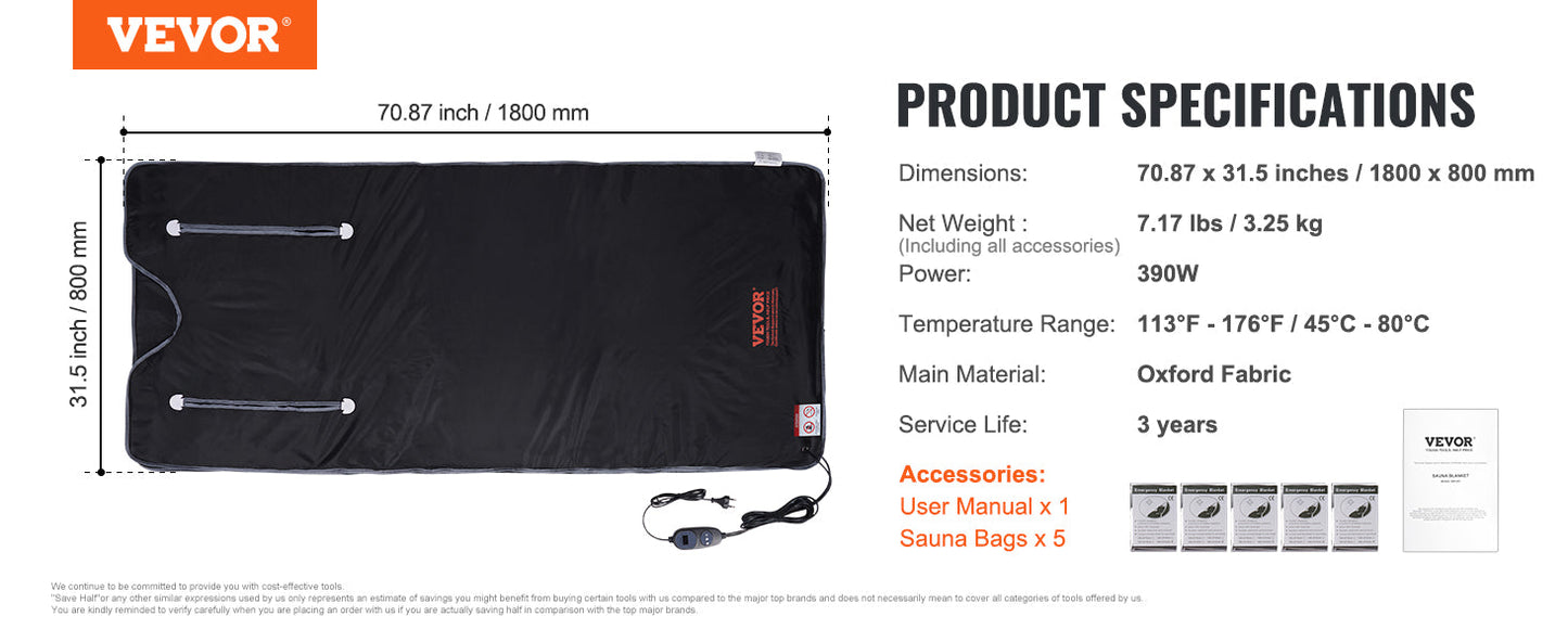 VEVOR Portable Sauna Blanket for Detox – Far Infrared Sauna for Home Relaxation, Adjustable Temperature & Timer