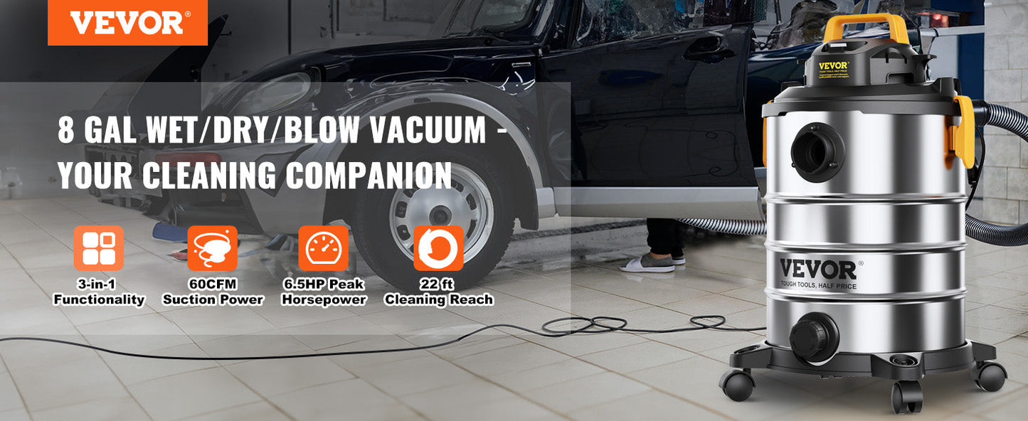 VEVOR Stainless Steel Wet Dry Shop Vacuum - Powerful Small Shop Vac for Carpet, Debris & Pet Hair