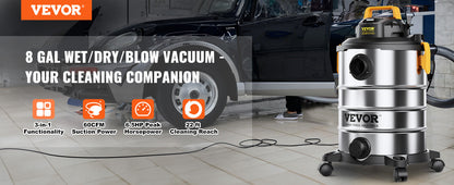 VEVOR Stainless Steel Wet Dry Shop Vacuum - Powerful Small Shop Vac for Carpet, Debris & Pet Hair