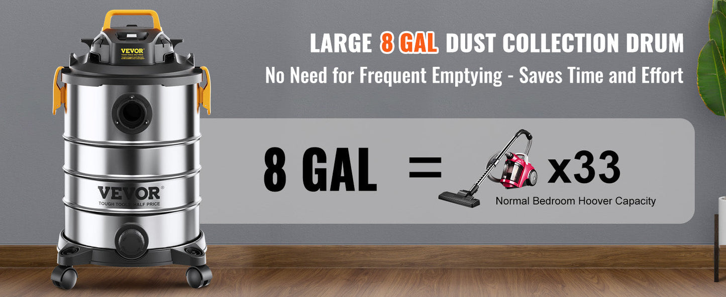 VEVOR Stainless Steel Wet Dry Shop Vacuum - Powerful Small Shop Vac for Carpet, Debris & Pet Hair