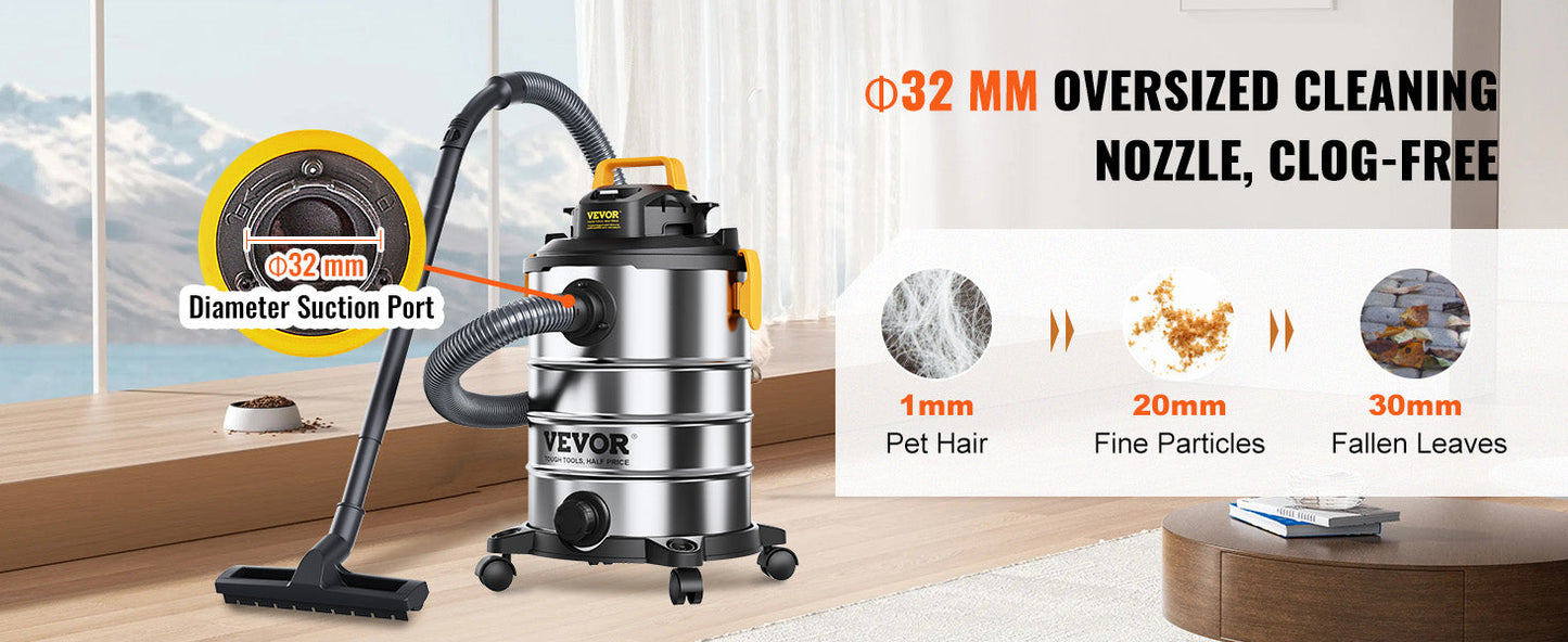VEVOR Stainless Steel Wet Dry Shop Vacuum - Powerful Small Shop Vac for Carpet, Debris & Pet Hair