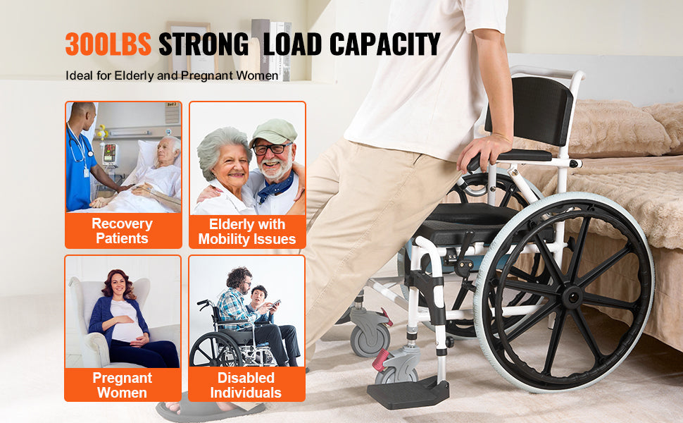 VEVOR 17.5in Shower Wheelchair – Adjustable Rolling Bathroom Chair for Disabled Adults, 300 lbs Capacity
