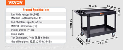 VEVOR 2/3 Shelf Heavy Duty Utility Service Cart with 360° Swivel Wheels – Ergonomic Storage Handle for Warehouse, Garage, Cleaning