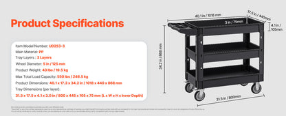 VEVOR 2/3 Shelf Heavy Duty Utility Service Cart with 360° Swivel Wheels – Ergonomic Storage Handle for Warehouse, Garage, Cleaning