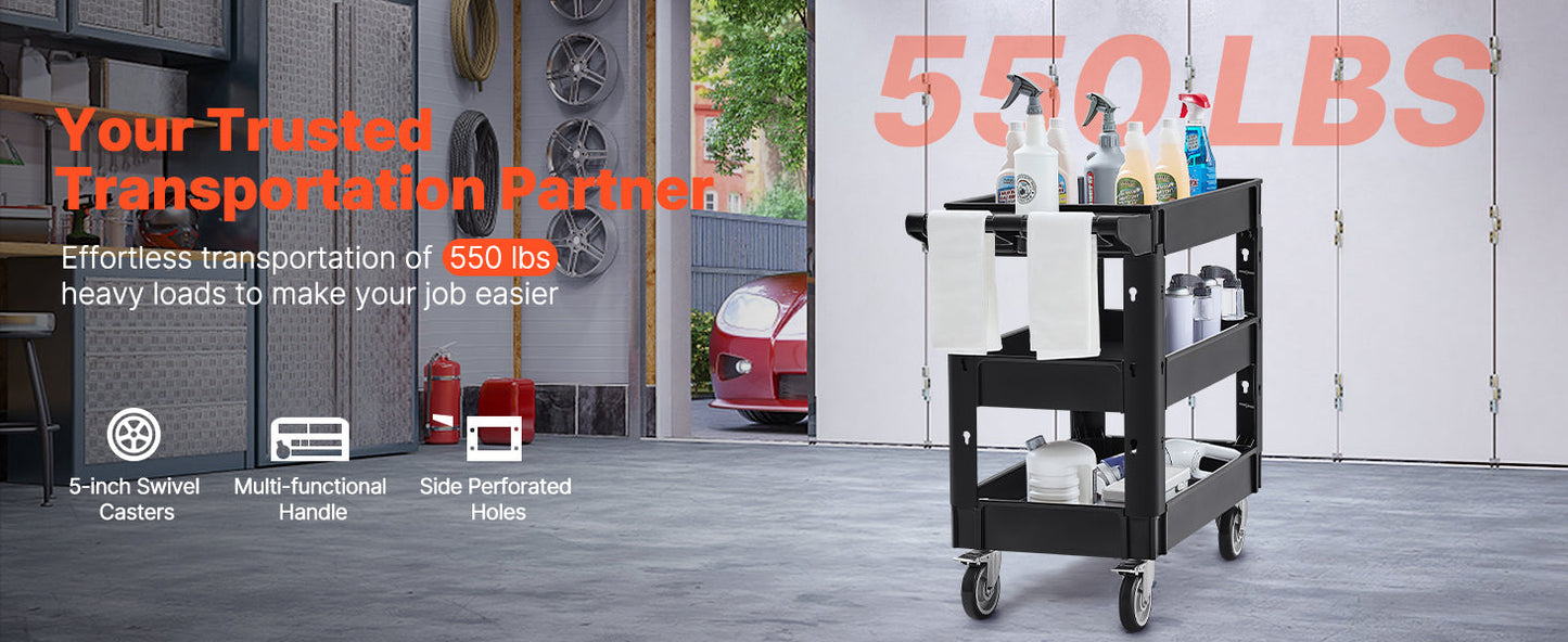 VEVOR 2/3 Shelf Heavy Duty Utility Service Cart with 360° Swivel Wheels – Ergonomic Storage Handle for Warehouse, Garage, Cleaning