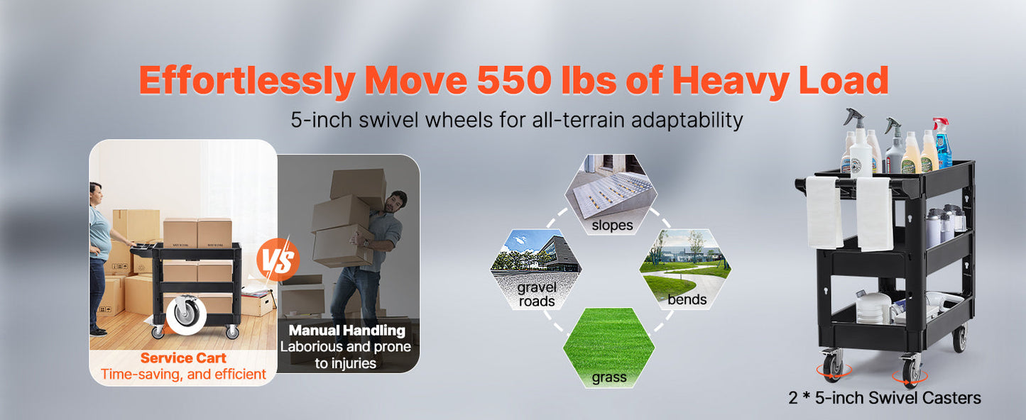 VEVOR 2/3 Shelf Heavy Duty Utility Service Cart with 360° Swivel Wheels – Ergonomic Storage Handle for Warehouse, Garage, Cleaning