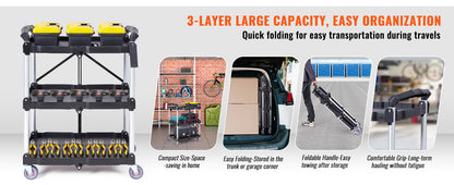 VEVOR 3-Tier Folding Rolling Utility Cart – Slim Storage Shelf & Slide Organizer for Kitchen & Bathroom