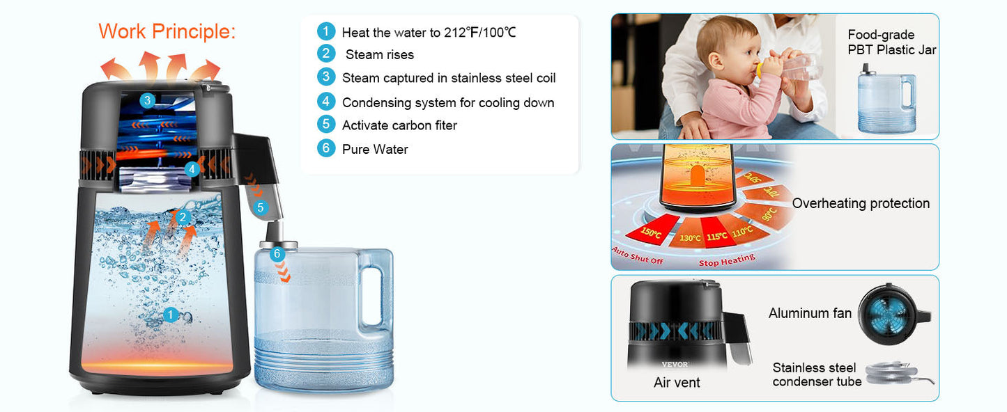 SucceBuy 4L Water Distiller – 1.05 Gallon Countertop Pure Water Purifier with 750W Filter